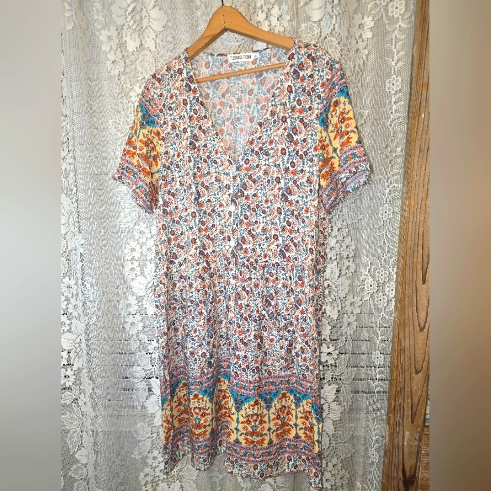 Temofon Womens Button Up Dress With Pockets, Colorful Floral Dress, Large